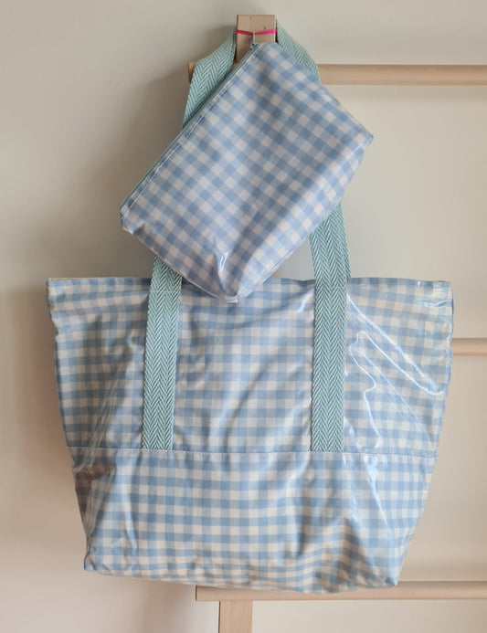 Conjunto saco e bolsa de praia quadrados azul- última unidade
