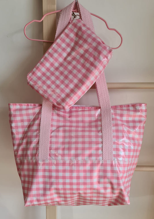 Conjunto saco e bolsa de praia quadrados rosa- última unidade