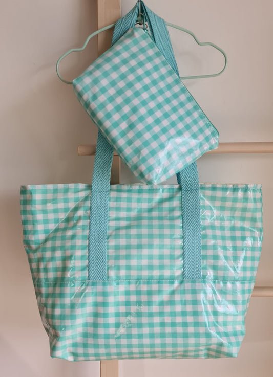 Conjunto saco e bolsa de praia quadrados verde- última unidade